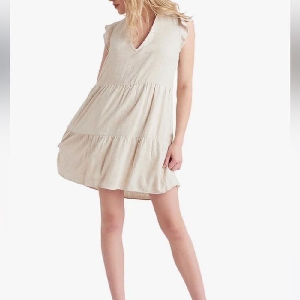 Black Tape_ tan linen flounce sleeve mini dress with pockets NWOT size L